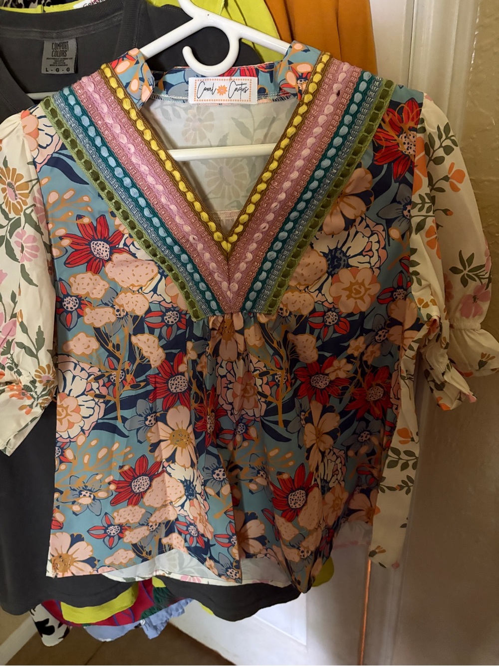 Coral Cactus Floral V-Neck Embroidered Blouse - Multicolor
